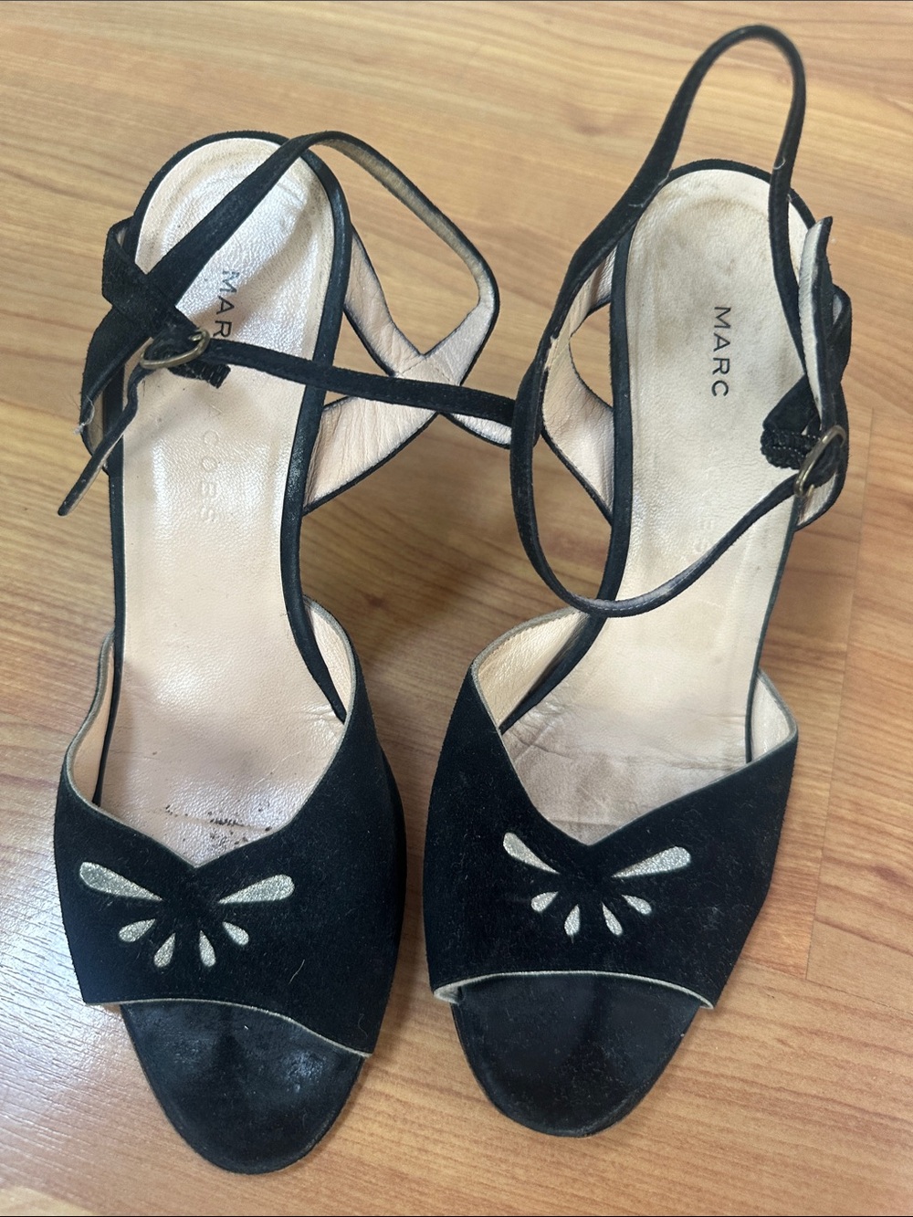 Marc By Marc Jacobs Black Suede Open-Toe T-Strap Heels